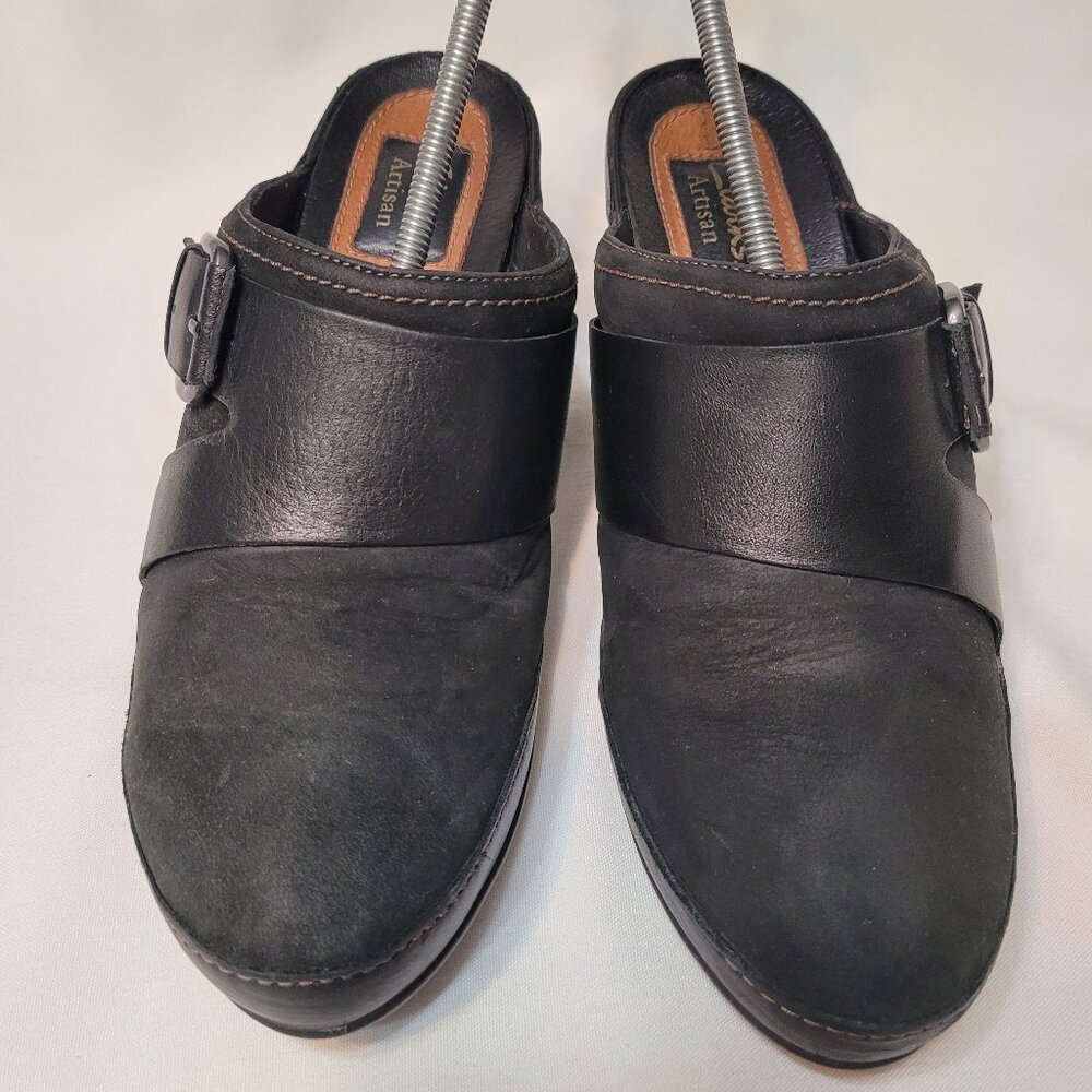 Clarks Artisan Black Leather Buckle Slip On Clogs Mules Size 7.5 M